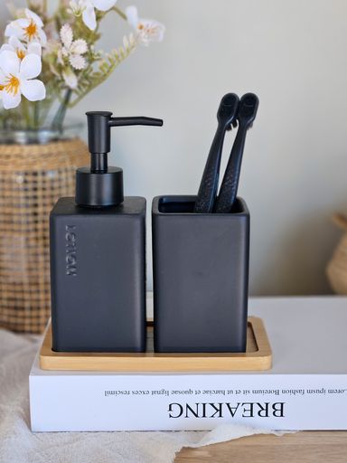 [AAH242] Set Dispenser y Portacepillo con Bandeja de Bamboo Negro